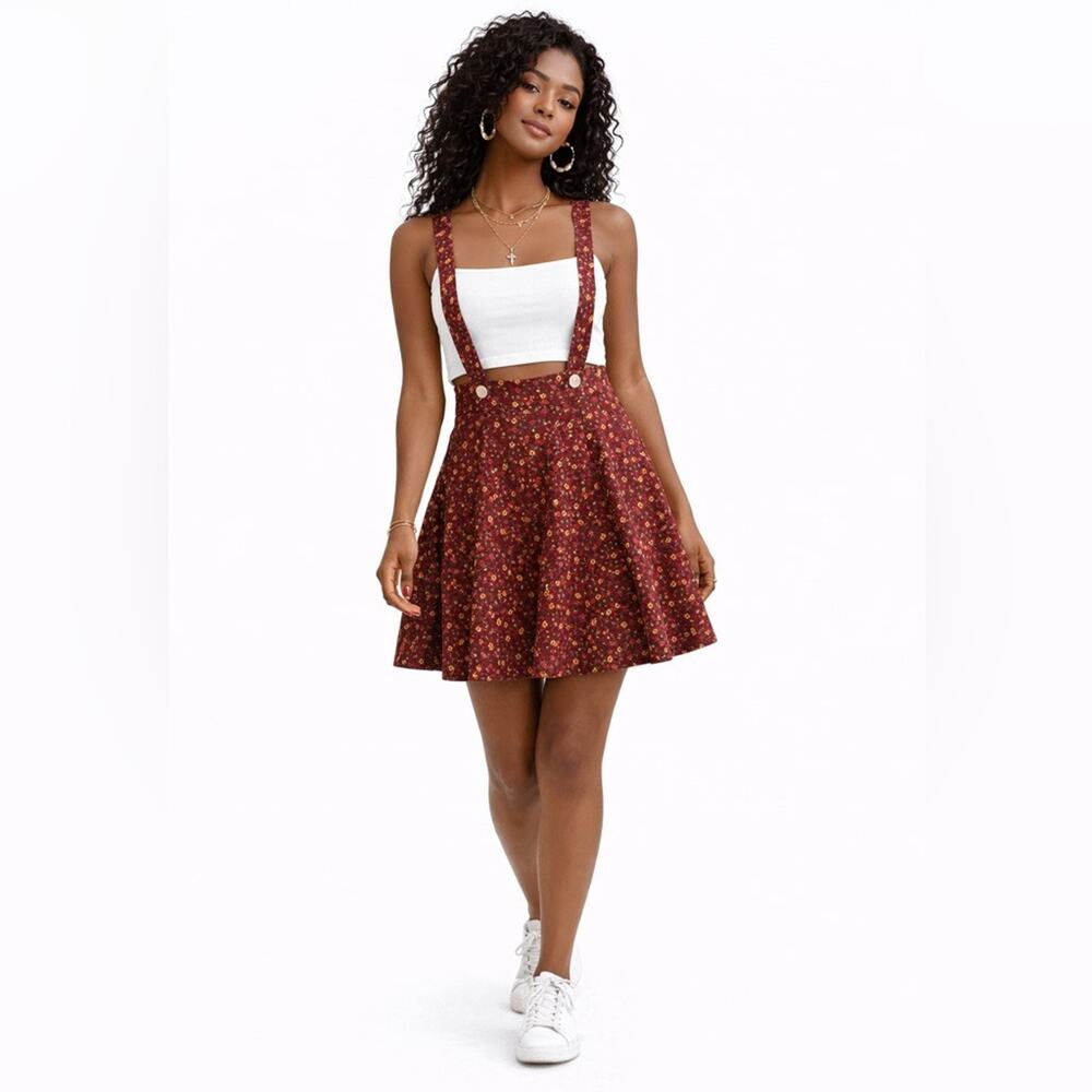 Floral Organic Cotton Pinafore Burgundy Dress, Adjustable Suspender Mini Dress L - Picture 4 of 12